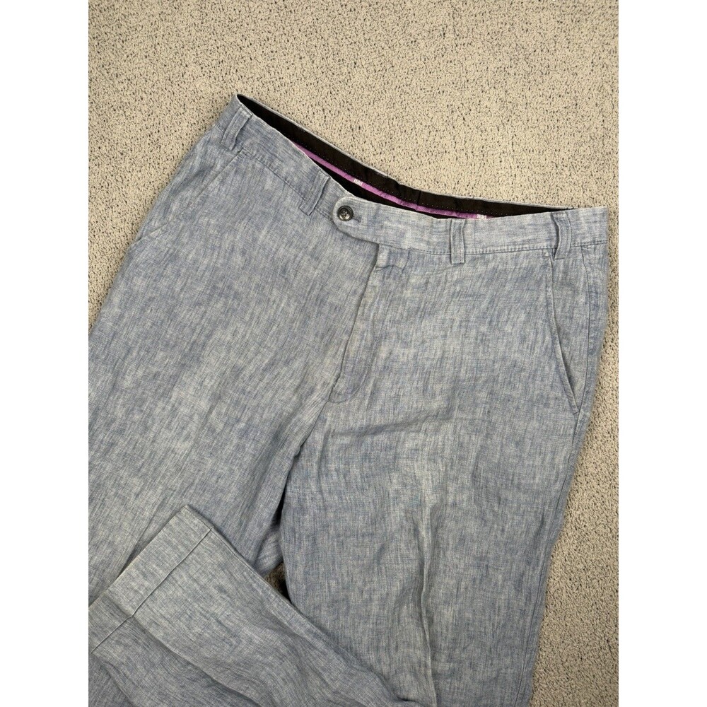 Hiltl Pants Mens 34x38 (FITS 34x31) Blue Linen Trousers Dress Flat Front Cuffed